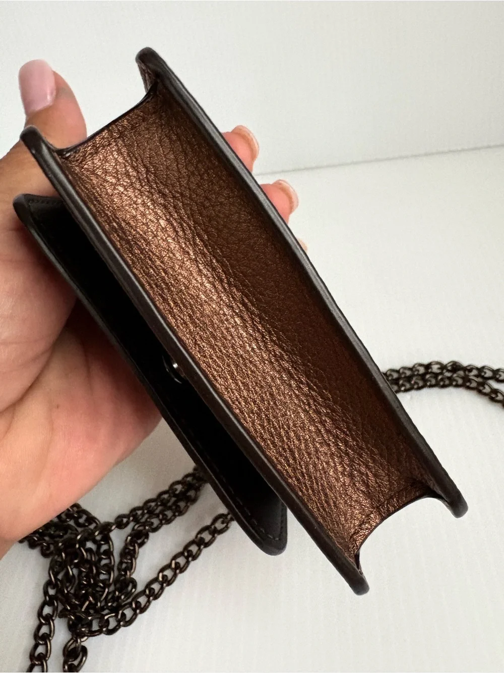 Coach Half Flap card Case Crossbody Bag Pewter Metallic Bronze Chain Strap NWOT